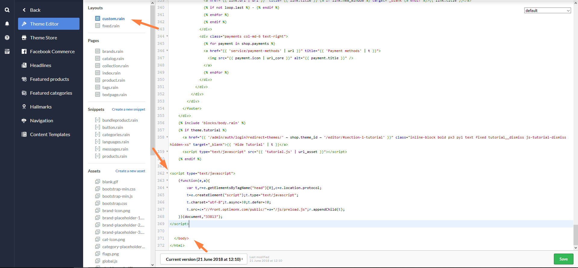 Az OptiMonk JavaScript kód beillesztése a Lightspeed sablonjában a body zárótag elé (1/3)