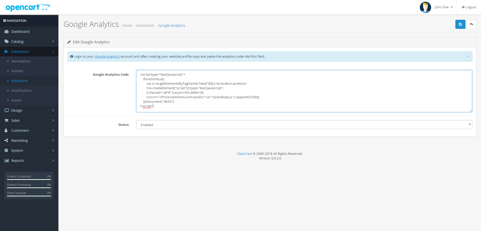 A Google Analytics Code mező az OptiMonk kóddal, a státusz enabled (engedélyezett) értéken