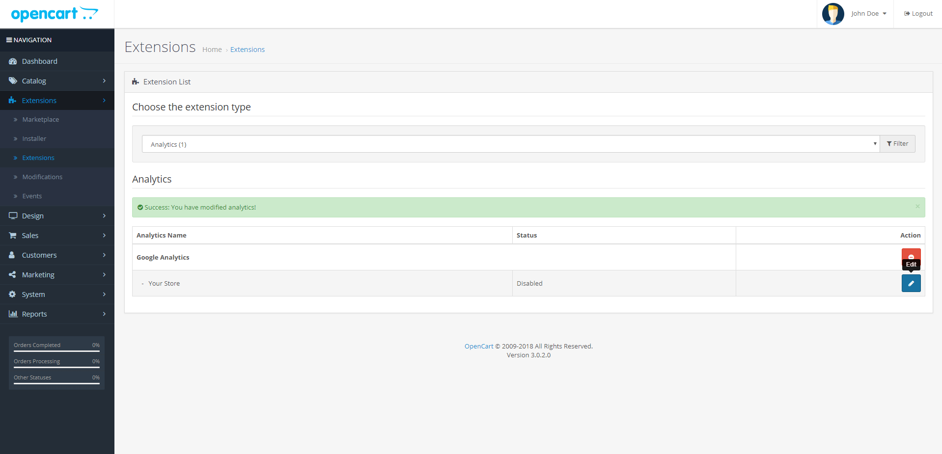 Az OpenCart Extensions (Bővítmények) oldala a Google Analytics telepítéséhez